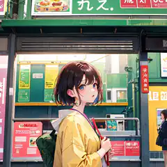 Anime girl with red chopsticks at food stall