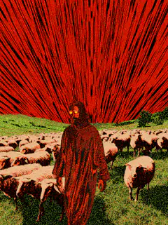 Hooded figure with glowing eyes among sheep