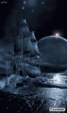 Sailing ship in space with planet