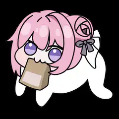 Chibi character with pink hair holding a brown bag
