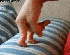 Hand puppet walking on striped fabric