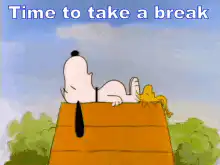 Snoopy and Woodstock relaxing on doghouse