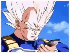 Vegeta looking at phone then smirking