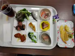 Japanese school lunch tray with tempura and sashimi