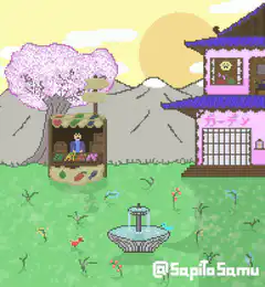 Pixel art village scene with fountain