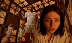 Nervous woman with man and children in background