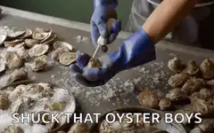 Person shucking an oyster with blue gloves
