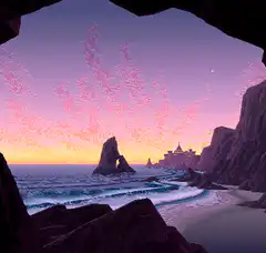 pixel art sunset beach cave
