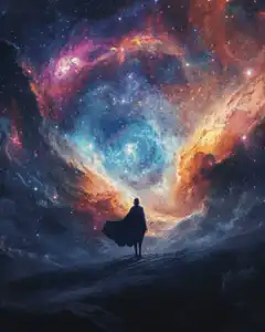 Silhouette watching a swirling galaxy