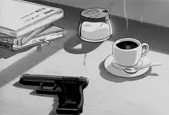 steaming coffee cup and gun on table