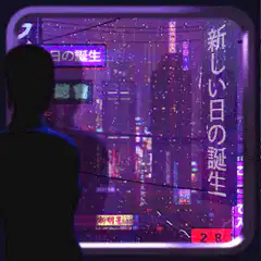 Silhouette watching neon city rain