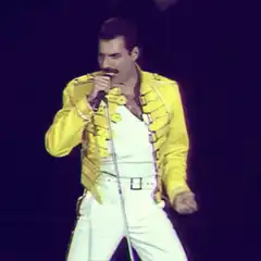 Freddie Mercury singing on stage