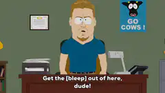 Man yelling get the bleep out of here