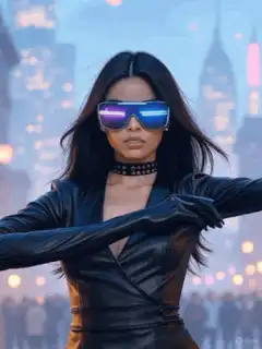 Woman in leather dancing in city