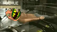 Man on conveyor belt with Huehue face