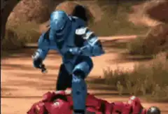 Blue armored character stomping on red figure
