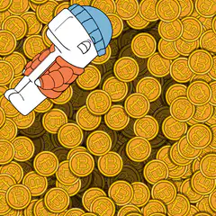 cartoon character falling into bitcoin pile