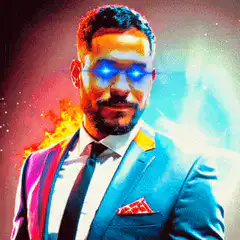 Man with glowing blue eyes and fire