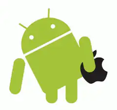 Android robot holding Apple logo
