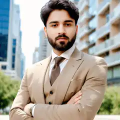 Man in beige suit with arms crossed