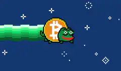 Pepe the Frog flying with Bitcoin