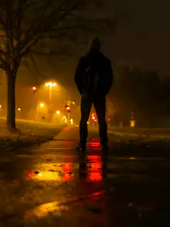 person standing on wet street at night