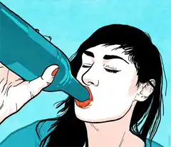 Woman drinking from bottle with confetti
