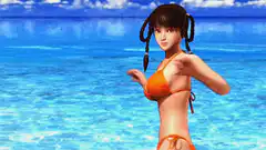 3D woman in orange bikini dancing on beach