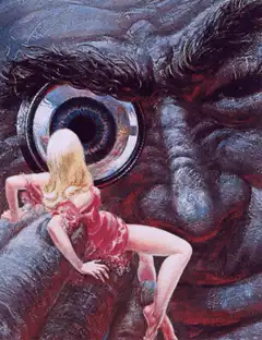 Blonde woman looking into giant eye
