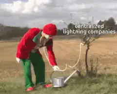 Santa watering a tree with a lightning rod