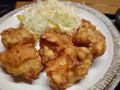Japanese karaage chicken with shredded cabbage