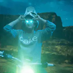 Man with welding mask shooting laser beams