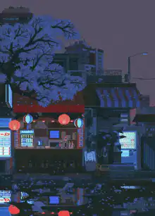 Anime street scene at night with reflections
