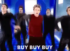 Men in black dancing with BUY BUY BUY text