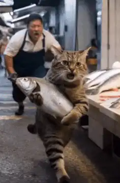 Cat running away with fish