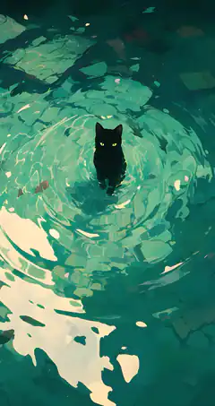 black cat in swirling water
