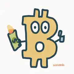 Bitcoin character holding money and a drink