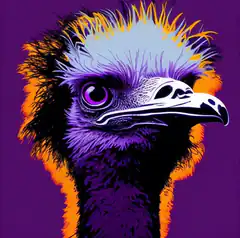 Stylized purple and orange ostrich head
