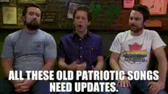 Three guys talking about patriotic songs