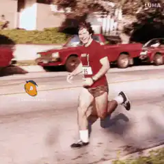 Man running with Bitcoin logo