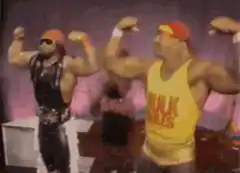 Hulk Hogan and Ultimate Warrior flexing
