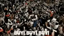 Trading floor crowd shouting buy