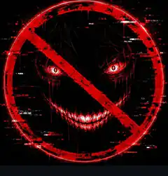 Red demon face with prohibition sign