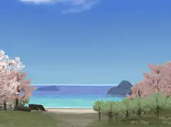 3D animated beach with cherry blossoms