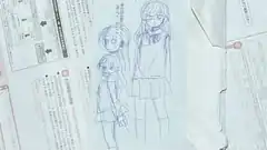 sketch of three anime girls on paper