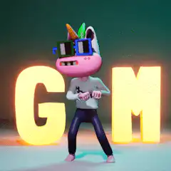 Pink unicorn dancing between GM letters