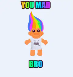 Trollface with rainbow hair says YOU MAD BRO
