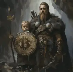 Viking father and son with Bitcoin shield