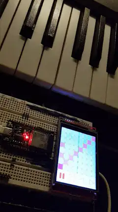 Piano keyboard with breadboard and screen