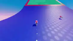 Fall Guys character running and jumping on a colorful course